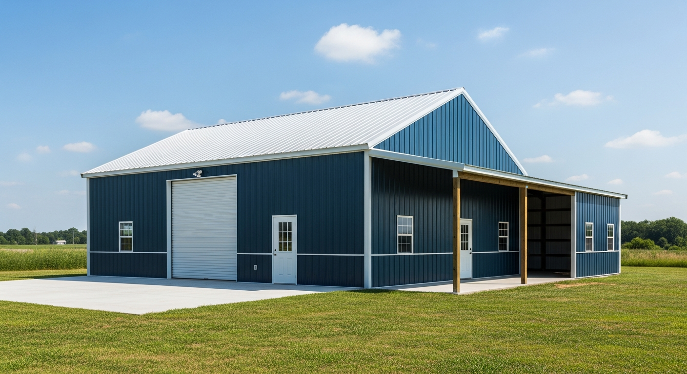 30x40 navy blue metal building with lean-to