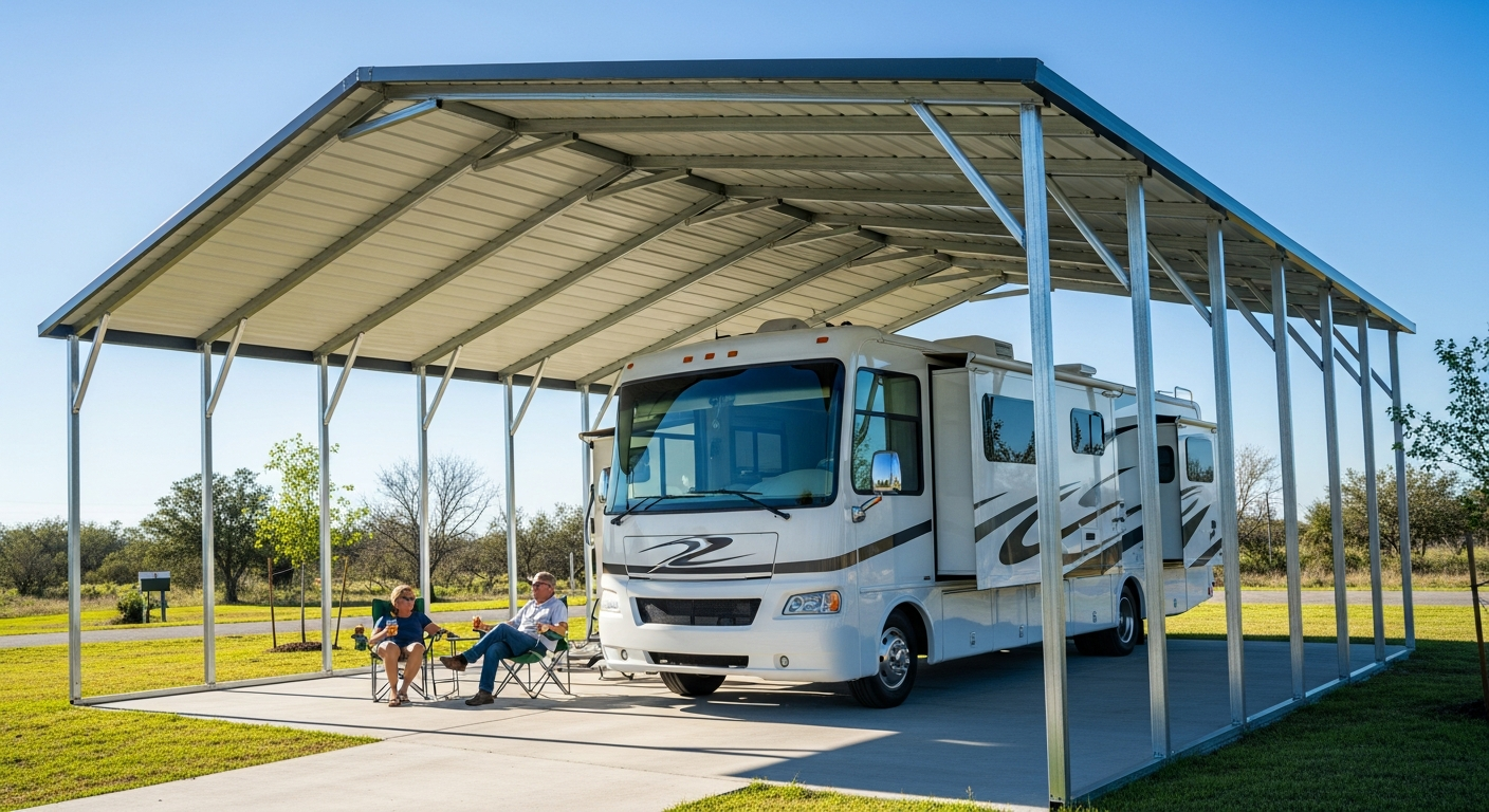 RV cover with motorhome and people relaxing