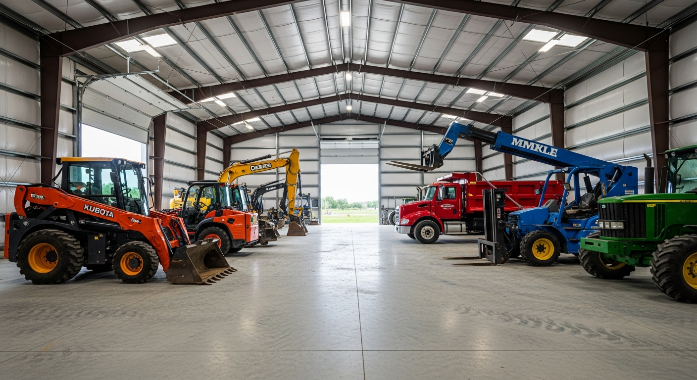 40x60 metal building with three roll-up doors and heavy machinery