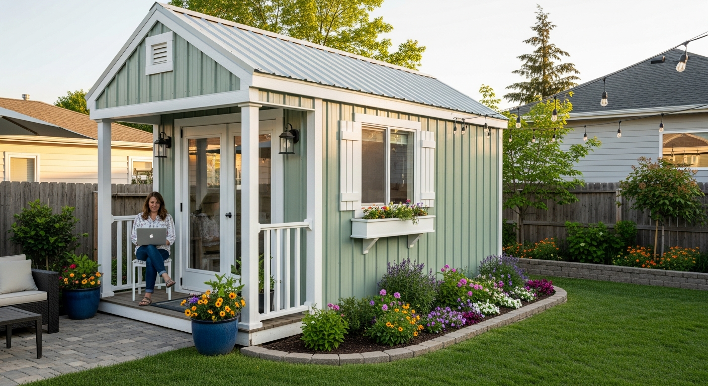 She shed exterior with woman and garden