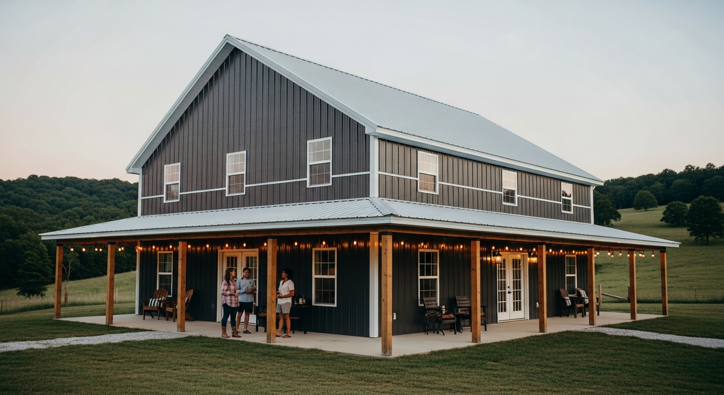 Barndominium with pitched roof and porch